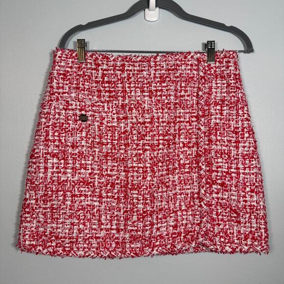 Sandro Paris Red White Tweed Mini Skirt FR 42 US 10 Bouclé Holiday Workwear - Picture 2 of 11
